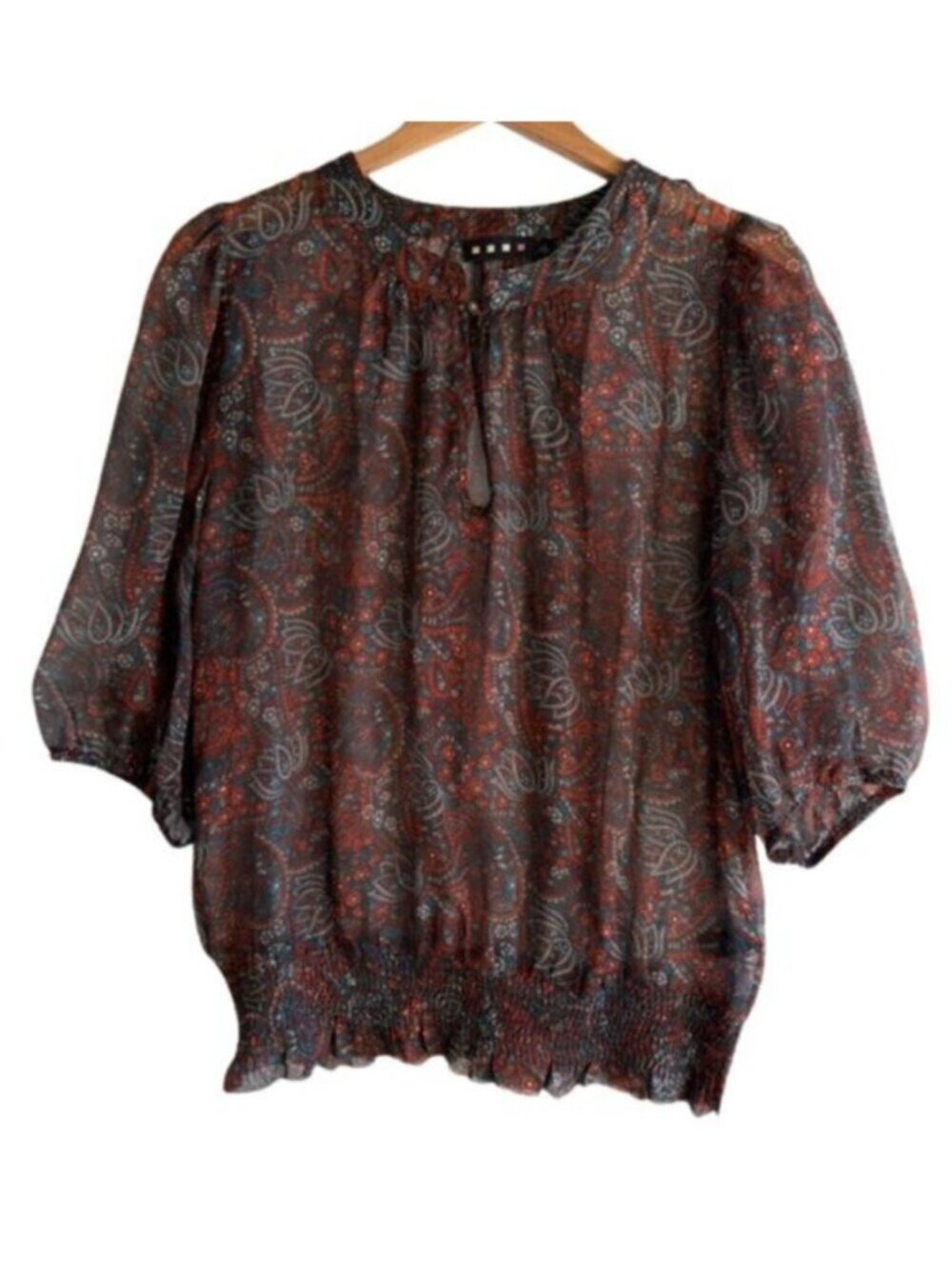100% Silk Pleione Paisley Balloon Sleeve Smocked Floral Blouse Resort Size L
